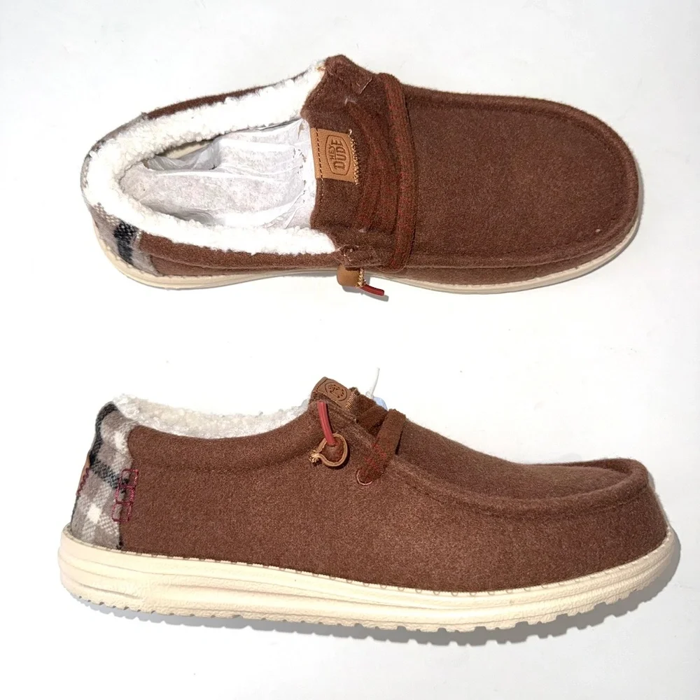 HEY DUDE $70 New Mens 12 Brown Casual Slip On Wally Cozy Plaid Shoes Box #33 - Picture 1 of 7